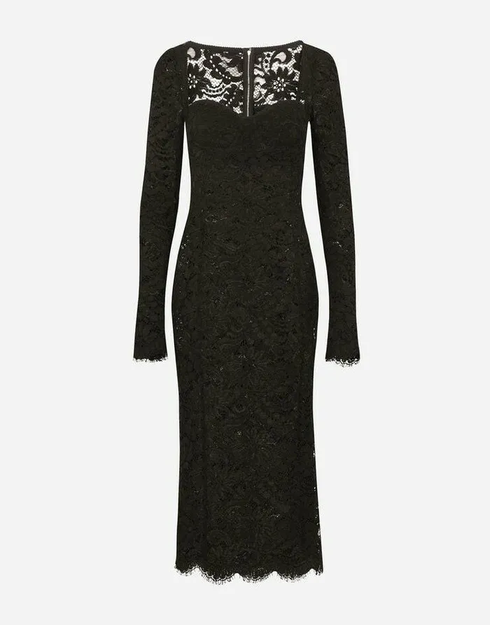 Dolce and Gabbana Dresses Women Lace Calflength Dress With Scalloped Detailing Black
