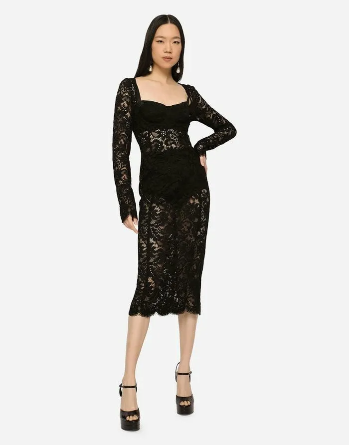 Dolce and Gabbana Dresses Women Lace Calflength Dress With Scalloped Detailing Black Dolce and Gabbana Dresses Women Lace Calflength Dress With Scalloped Detailing Black