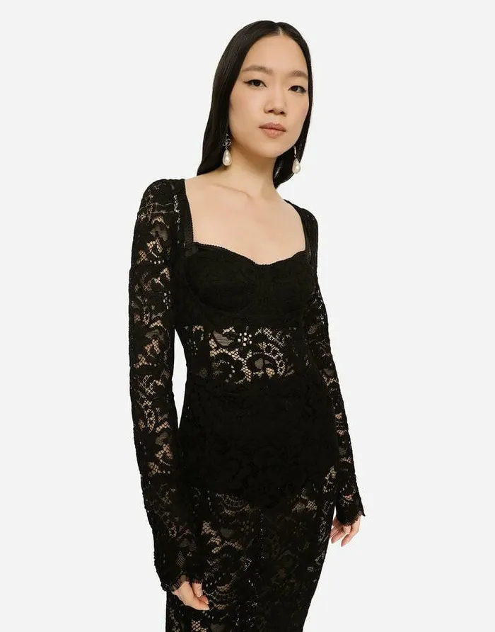 Dolce and Gabbana Dresses Women Lace Calflength Dress With Scalloped Detailing Black Dolce and Gabbana Dresses Women Lace Calflength Dress With Scalloped Detailing Black