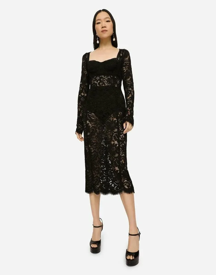 Dolce and Gabbana Dresses Women Lace Calflength Dress With Scalloped Detailing Black Dolce and Gabbana Dresses Women Lace Calflength Dress With Scalloped Detailing Black