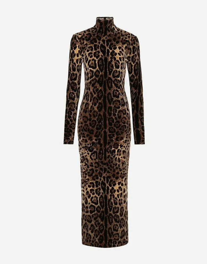 Dolce and Gabbana Dresses Women Long Chenille Dress With Jacquard Leopard Design Multicolor