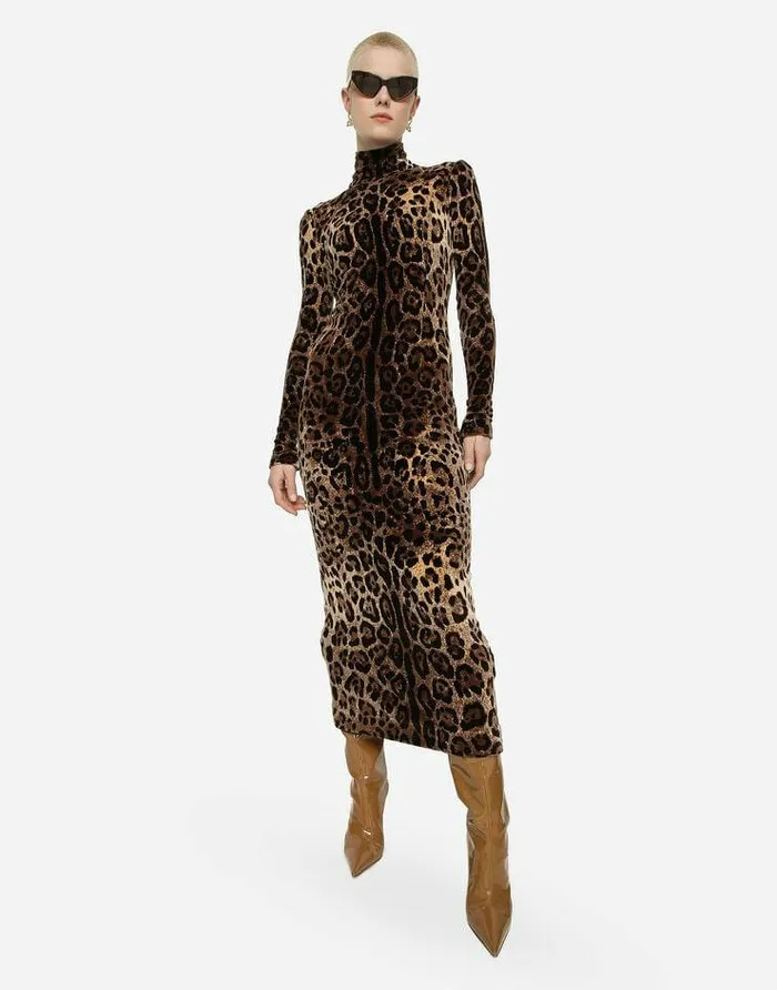 Dolce and Gabbana Dresses Women Long Chenille Dress With Jacquard Leopard Design Multicolor Dolce and Gabbana Dresses Women Long Chenille Dress With Jacquard Leopard Design Multicolor
