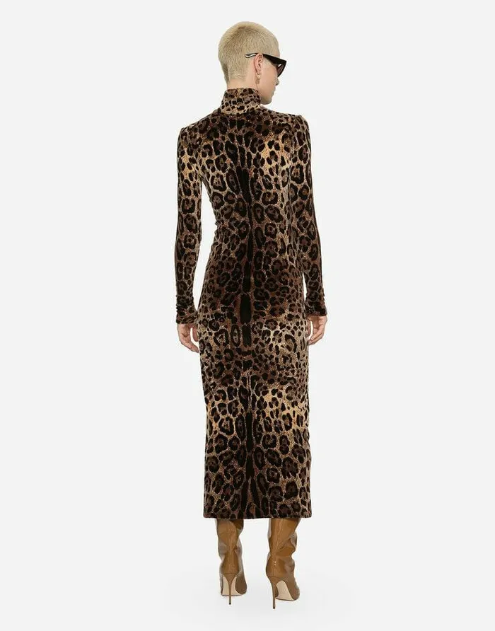 Dolce and Gabbana Dresses Women Long Chenille Dress With Jacquard Leopard Design Multicolor Dolce and Gabbana Dresses Women Long Chenille Dress With Jacquard Leopard Design Multicolor