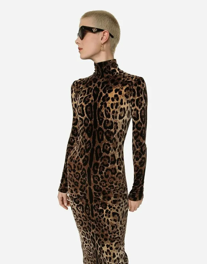 Dolce and Gabbana Dresses Women Long Chenille Dress With Jacquard Leopard Design Multicolor Dolce and Gabbana Dresses Women Long Chenille Dress With Jacquard Leopard Design Multicolor