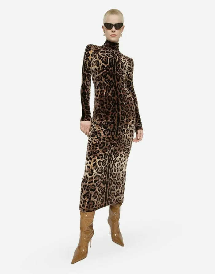 Dolce and Gabbana Dresses Women Long Chenille Dress With Jacquard Leopard Design Multicolor Dolce and Gabbana Dresses Women Long Chenille Dress With Jacquard Leopard Design Multicolor