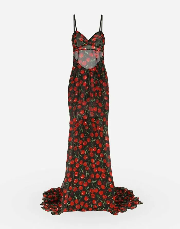 Dolce and Gabbana Dresses Women Long Cherryprint Chiffon Dress With Train Multicolor