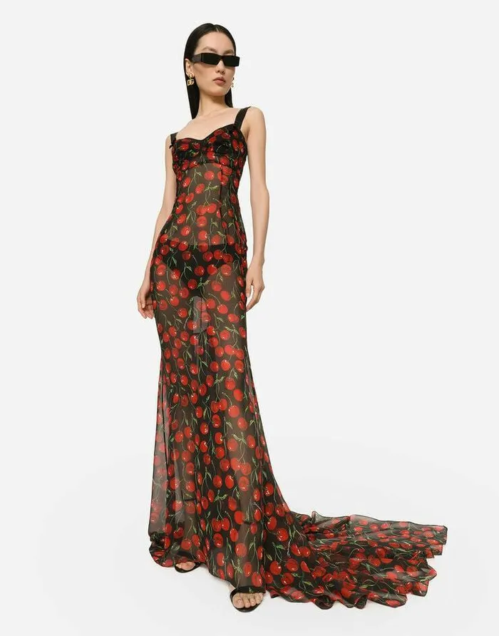 Dolce and Gabbana Dresses Women Long Cherryprint Chiffon Dress With Train Multicolor Dolce and Gabbana Dresses Women Long Cherryprint Chiffon Dress With Train Multicolor