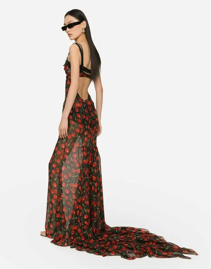 Dolce and Gabbana Dresses Women Long Cherryprint Chiffon Dress With Train Multicolor Dolce and Gabbana Dresses Women Long Cherryprint Chiffon Dress With Train Multicolor