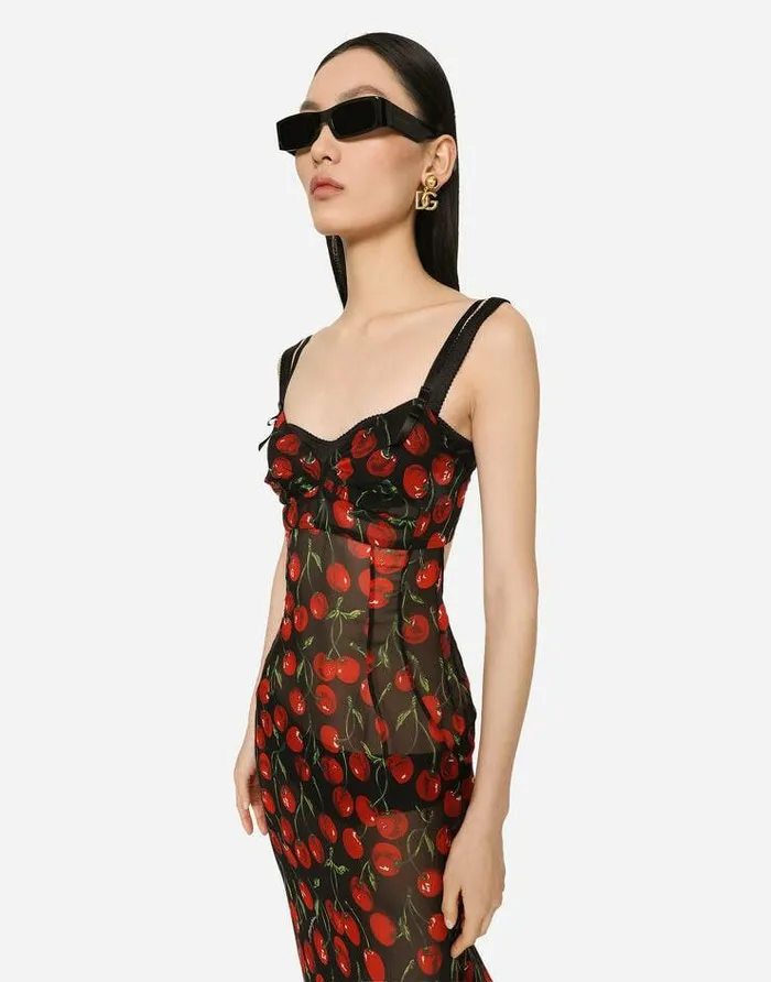 Dolce and Gabbana Dresses Women Long Cherryprint Chiffon Dress With Train Multicolor Dolce and Gabbana Dresses Women Long Cherryprint Chiffon Dress With Train Multicolor