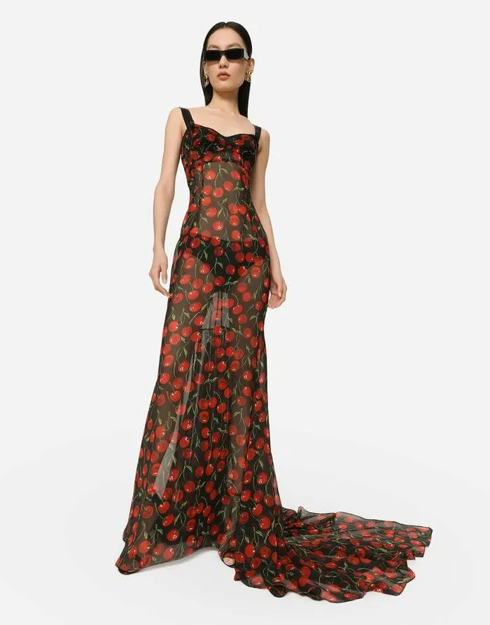 Dolce and Gabbana Dresses Women Long Cherryprint Chiffon Dress With Train Multicolor Dolce and Gabbana Dresses Women Long Cherryprint Chiffon Dress With Train Multicolor