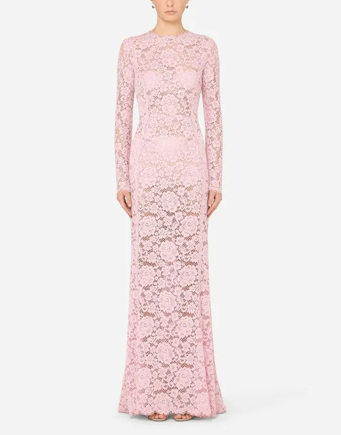 Dolce and Gabbana Dresses Women Long Lace Dress With Train Pink