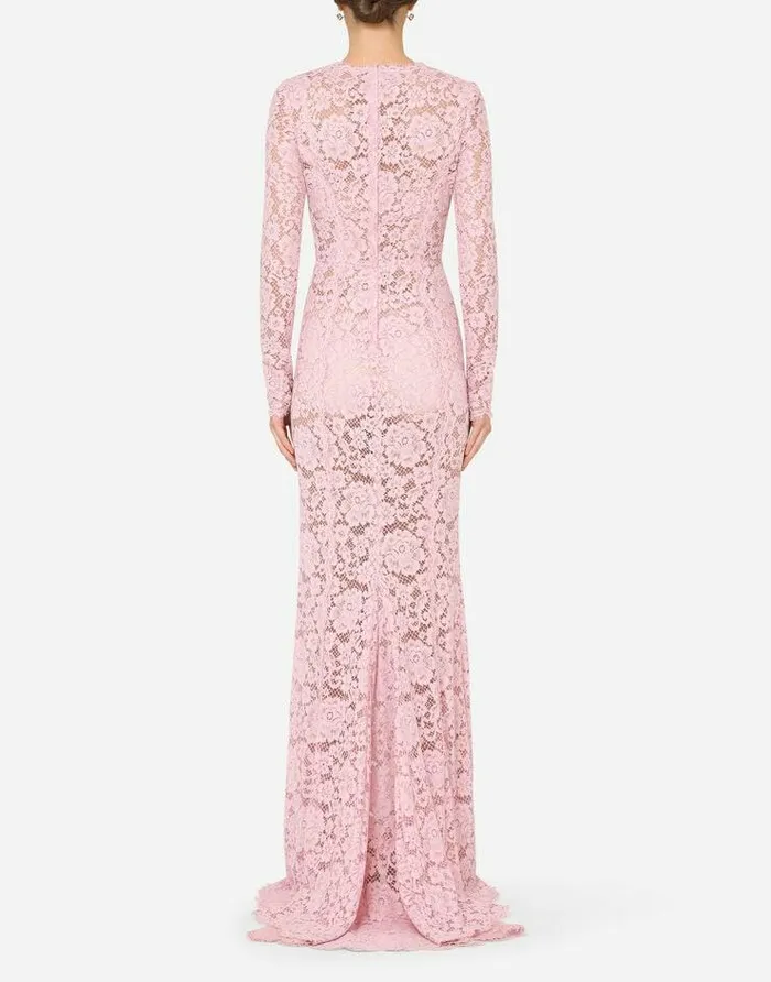 Dolce and Gabbana Dresses Women Long Lace Dress With Train Pink