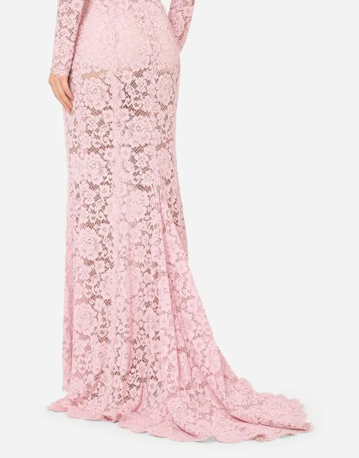 Dolce and Gabbana Dresses Women Long Lace Dress With Train Pink