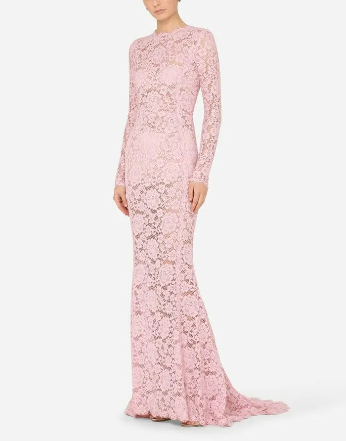 Dolce and Gabbana Dresses Women Long Lace Dress With Train Pink