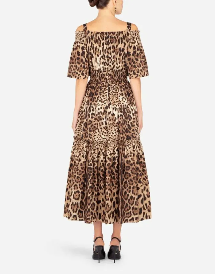 Dolce and Gabbana Dresses Women Long Leopardprint Poplin Dress Multicolor
