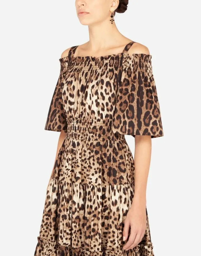 Dolce and Gabbana Dresses Women Long Leopardprint Poplin Dress Multicolor