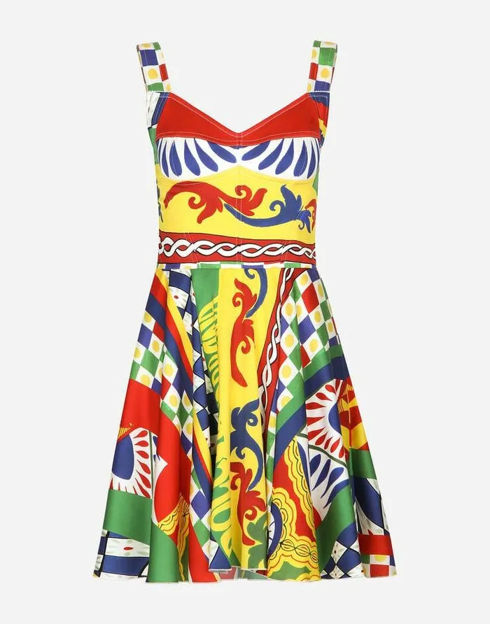 Dolce and Gabbana Dresses Women Short Carrettoprint Charmeuse Bustier Dress Multicolor