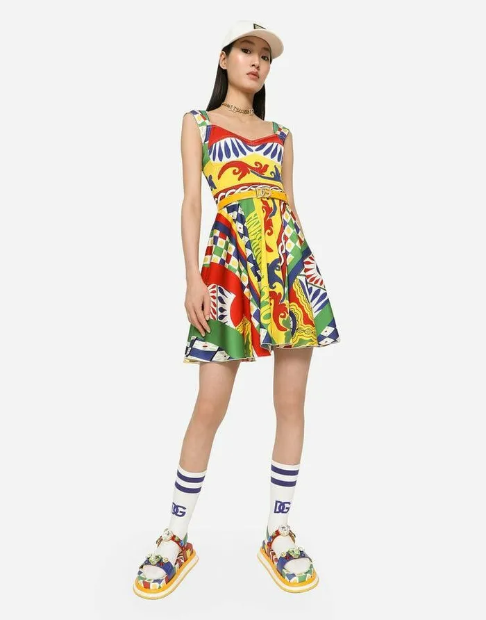 Dolce and Gabbana Dresses Women Short Carrettoprint Charmeuse Bustier Dress Multicolor