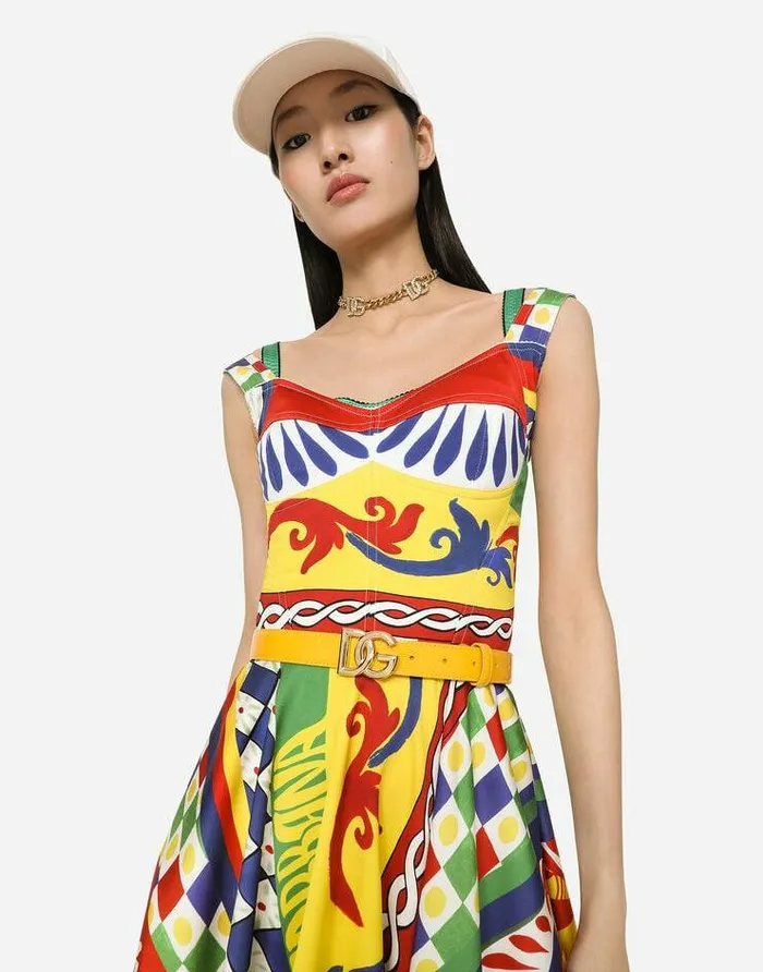 Dolce and Gabbana Dresses Women Short Carrettoprint Charmeuse Bustier Dress Multicolor