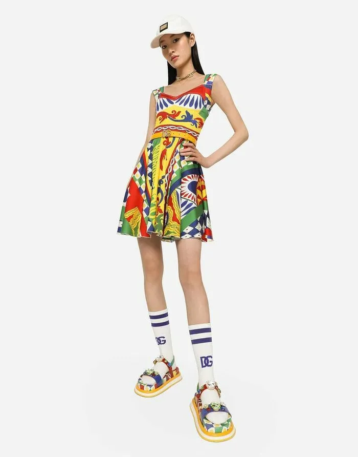 Dolce and Gabbana Dresses Women Short Carrettoprint Charmeuse Bustier Dress Multicolor