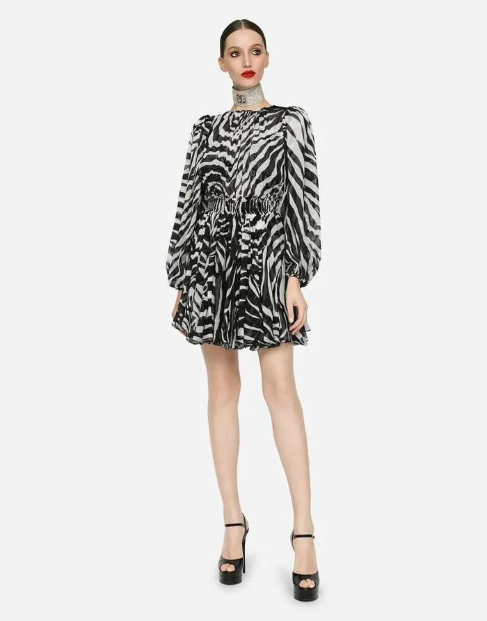 Dolce and Gabbana Dresses Women Short Zebraprint Chiffon Dress Multicolor