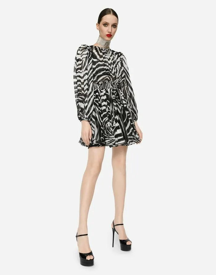 Dolce and Gabbana Dresses Women Short Zebraprint Chiffon Dress Multicolor