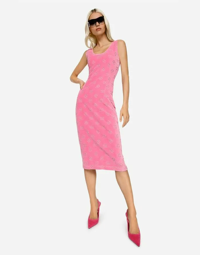 Dolce and Gabbana Dresses Women Sleeveless Jersey Dress With Allover DG Logo Pink