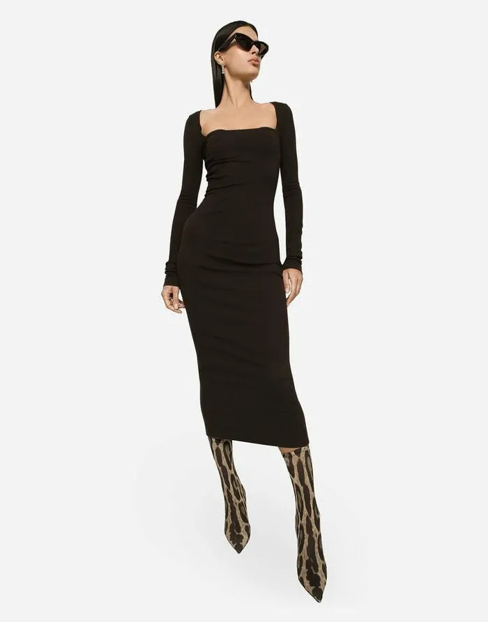 Dolce and Gabbana Dresses Women Technical Jersey Calflength Dress Brown Dolce and Gabbana Dresses Women Technical Jersey Calflength Dress Brown