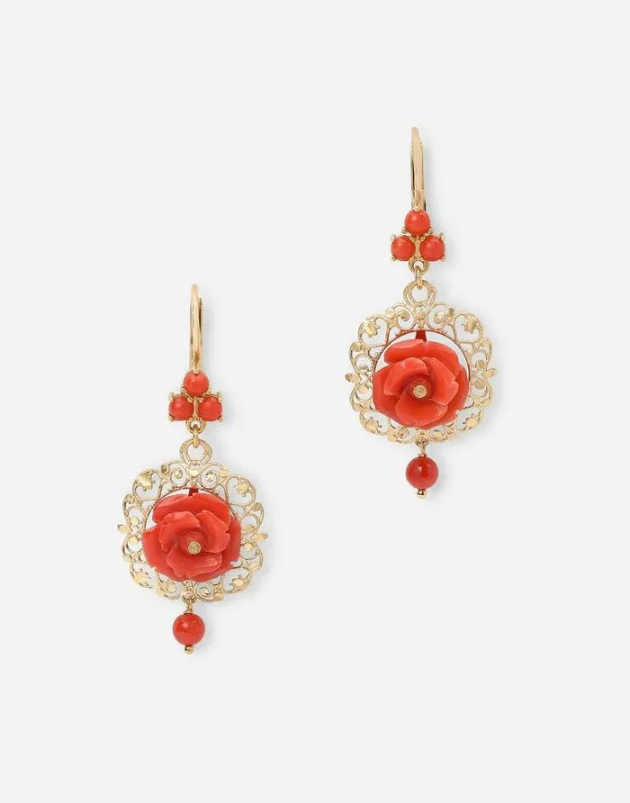 Dolce and Gabbana Earrings Women Coral Leverback Earrings In Yellow 18kt Gold With Coral Roses Gold Dolce and Gabbana Earrings Women Coral Leverback Earrings In Yellow 18kt Gold With Coral Roses Gold