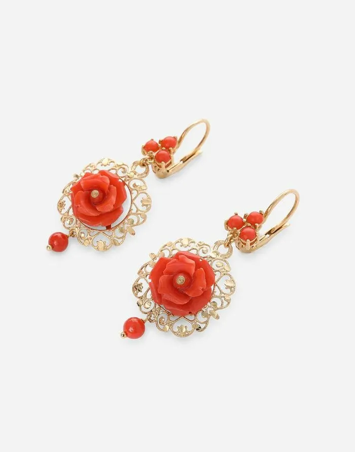 Dolce and Gabbana Earrings Women Coral Leverback Earrings In Yellow 18kt Gold With Coral Roses Gold