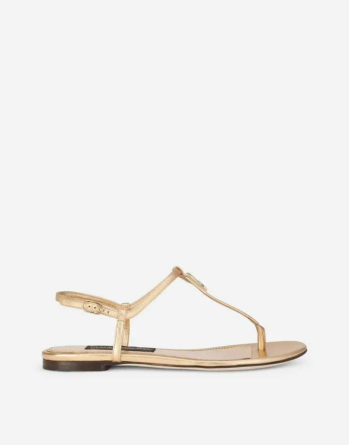 Dolce and Gabbana Flat Women Nappa Mordore DG Thong Sandals Gold