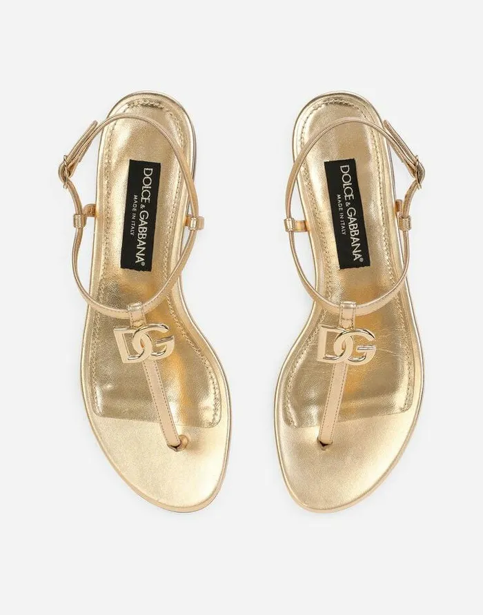 Dolce and Gabbana Flat Women Nappa Mordore DG Thong Sandals Gold