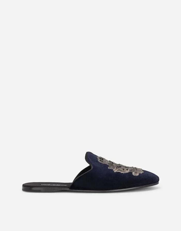 Dolce and Gabbana Loafers And Moccasins Men Velvet Slippers With Coat Of Arms Embroidery Blue Dolce and Gabbana Loafers And Moccasins Men Velvet Slippers With Coat Of Arms Embroidery Blue