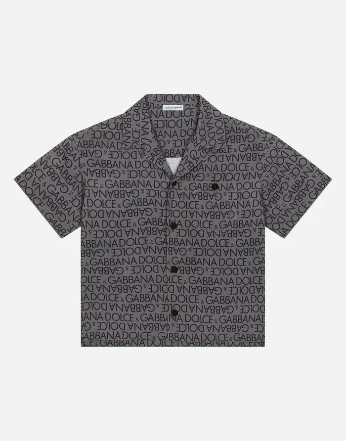 Dolce and Gabbana Mini Me Boy Children Viscose Bowling Shirt With The Allover Logo Print Grey Dolce and Gabbana Mini Me Boy Children Viscose Bowling Shirt With The Allover Logo Print Grey