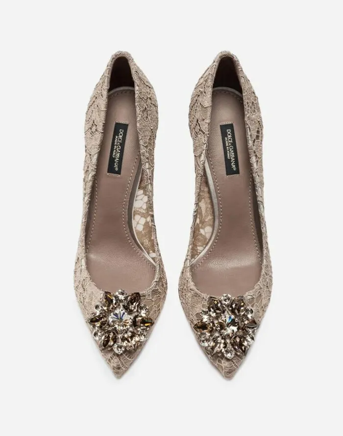 Dolce and Gabbana Rainbow Lace Collection Women Lace Rainbow Pumps With Brooch Detailing Beige