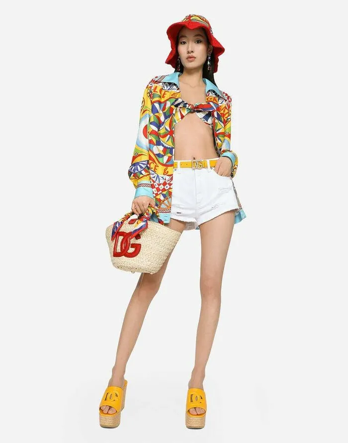 Dolce and Gabbana Shirts And Tops Women Carrettoprint Poplin Top With Knot Detail Multicolor