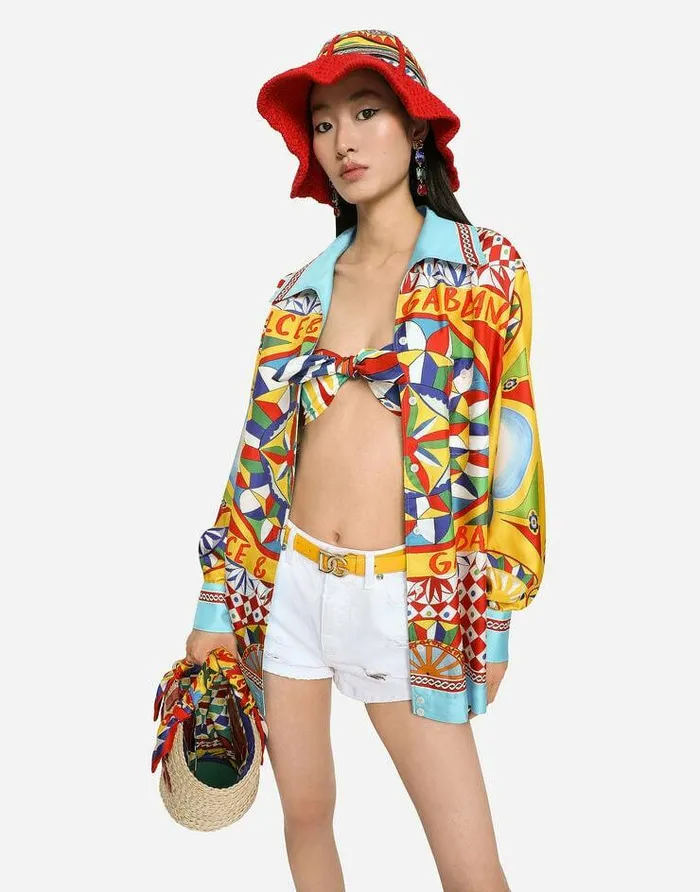 Dolce and Gabbana Shirts And Tops Women Carrettoprint Poplin Top With Knot Detail Multicolor