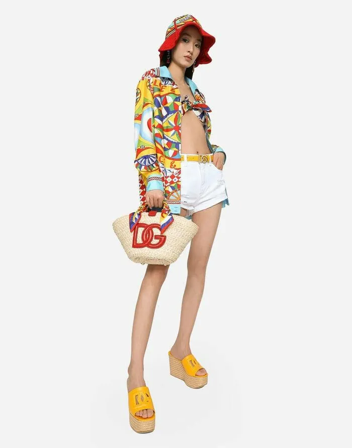 Dolce and Gabbana Shirts And Tops Women Carrettoprint Poplin Top With Knot Detail Multicolor