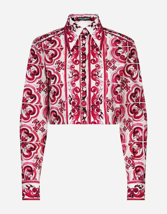 Dolce and Gabbana Shirts And Tops Women Cropped Majolicaprint Poplin Shirt Multicolor