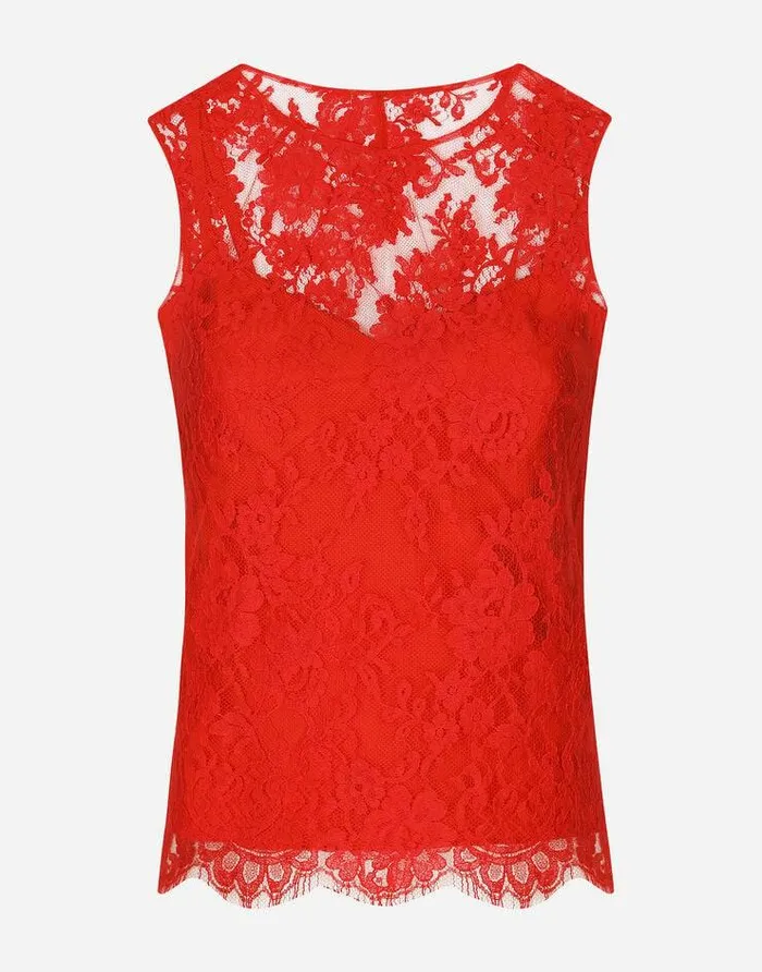 Dolce and Gabbana Shirts And Tops Women Floral Chantilly Lace Top Red
