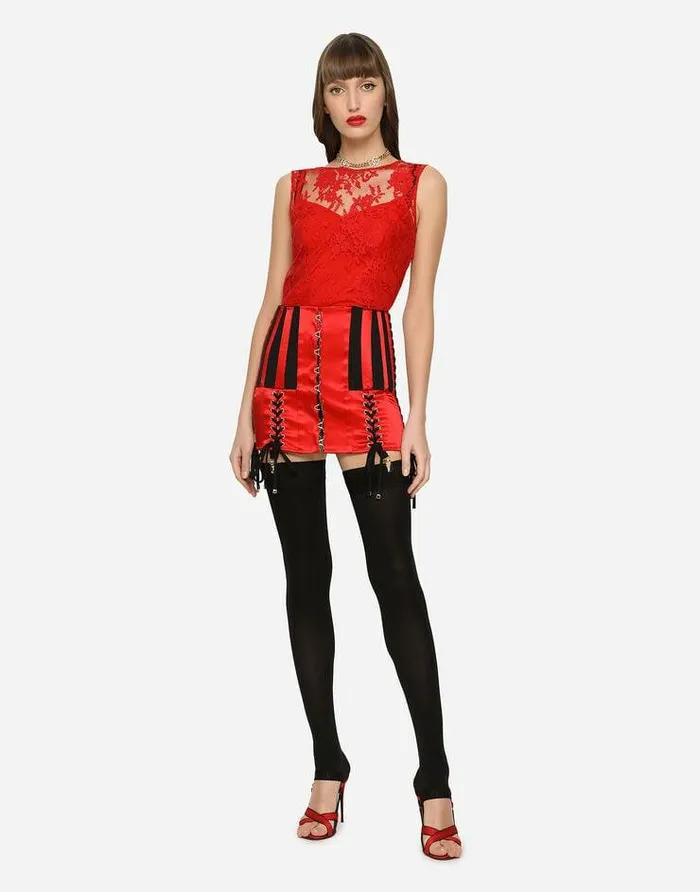 Dolce and Gabbana Shirts And Tops Women Floral Chantilly Lace Top Red