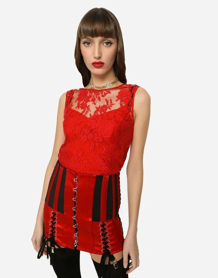 Dolce and Gabbana Shirts And Tops Women Floral Chantilly Lace Top Red