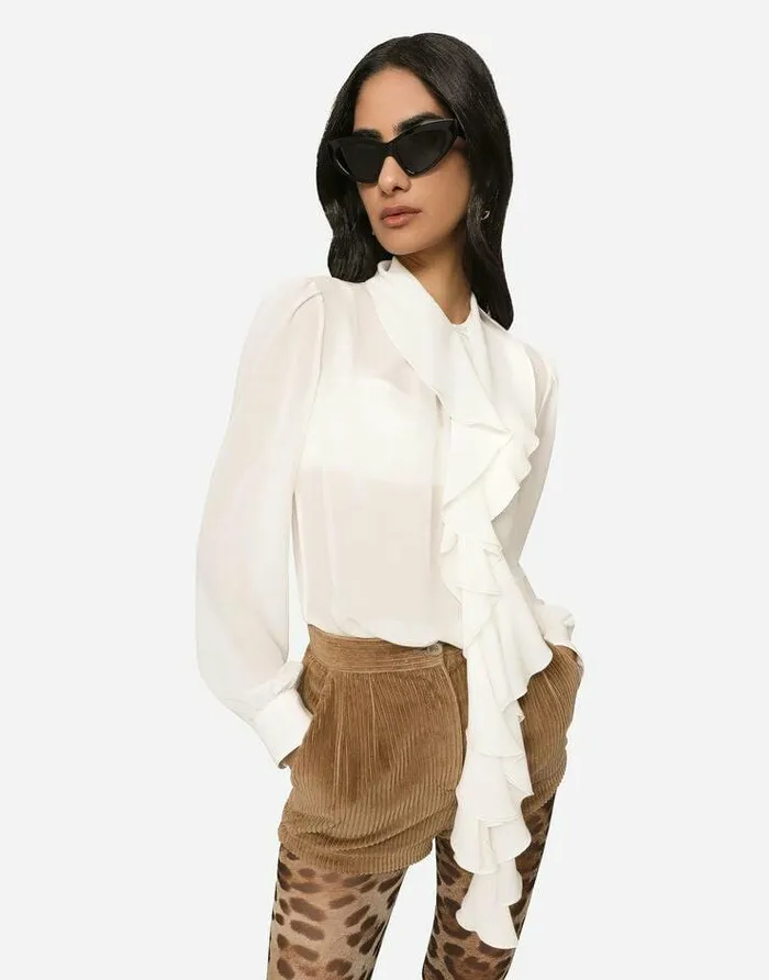 Dolce and Gabbana Shirts And Tops Women Georgette Blouse With Ruches White Dolce and Gabbana Shirts And Tops Women Georgette Blouse With Ruches White