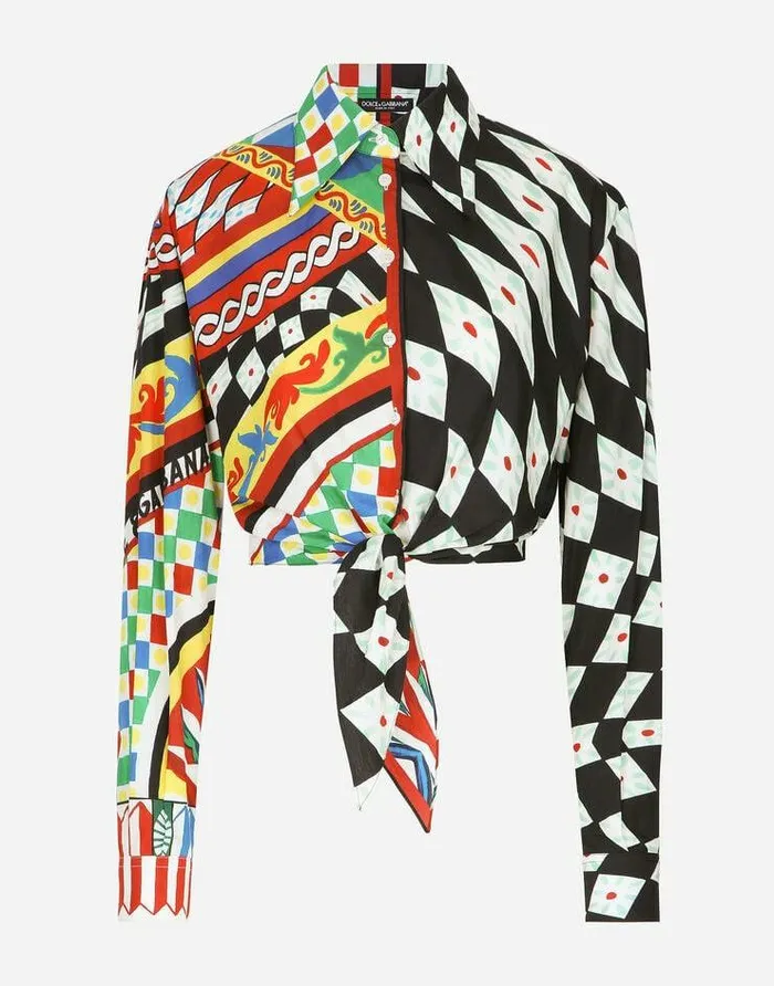 Dolce and Gabbana Shirts And Tops Women Short Carrettoprint Poplin Shirt With Knot Detail Multicolor Dolce and Gabbana Shirts And Tops Women Short Carrettoprint Poplin Shirt With Knot Detail Multicolor