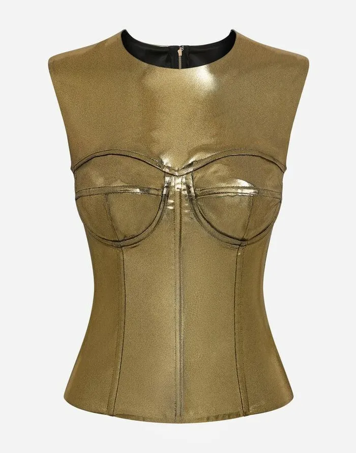 Dolce and Gabbana Shirts And Tops Women Short Foiled Satin Corset Top Gold