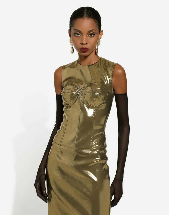 Dolce and Gabbana Shirts And Tops Women Short Foiled Satin Corset Top Gold Dolce and Gabbana Shirts And Tops Women Short Foiled Satin Corset Top Gold