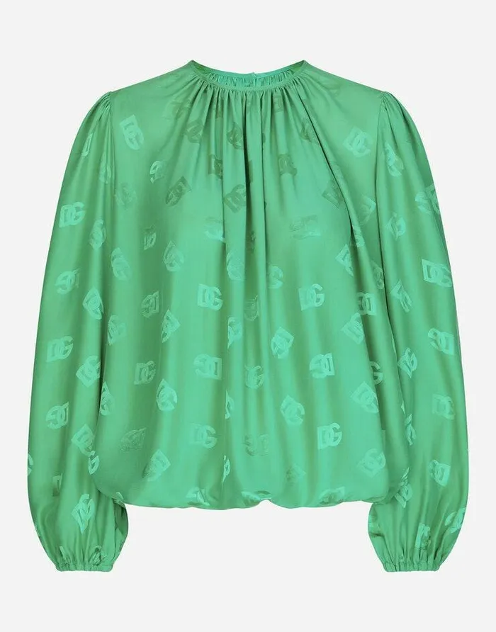 Dolce and Gabbana Shirts And Tops Women Silk Blouse With Allover DG Logo Green Dolce and Gabbana Shirts And Tops Women Silk Blouse With Allover DG Logo Green