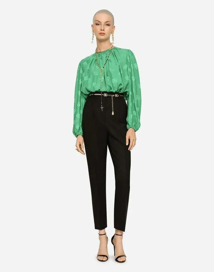 Dolce and Gabbana Shirts And Tops Women Silk Blouse With Allover DG Logo Green