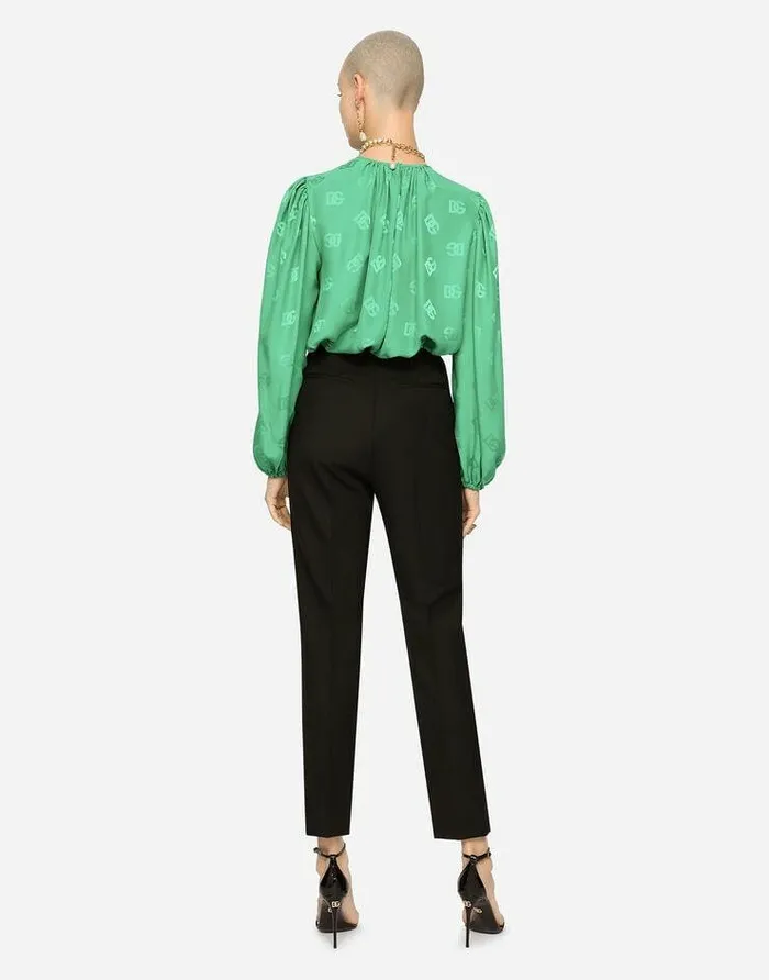 Dolce and Gabbana Shirts And Tops Women Silk Blouse With Allover DG Logo Green