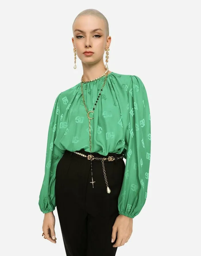 Dolce and Gabbana Shirts And Tops Women Silk Blouse With Allover DG Logo Green